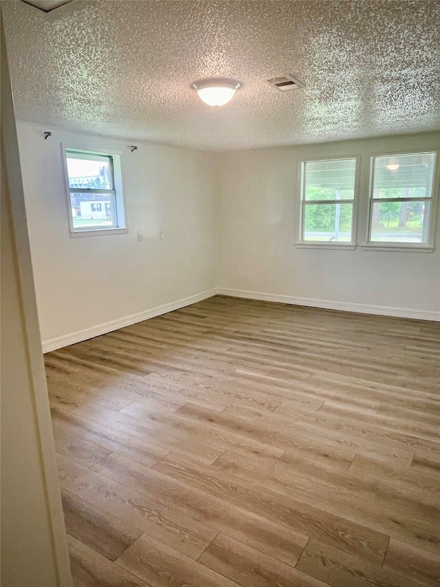 spare room with light wood-type flooring, a textured ceiling, and a wealth of natural light