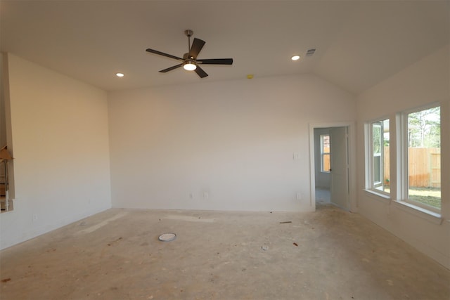 empty room with vaulted ceiling and ceiling fan