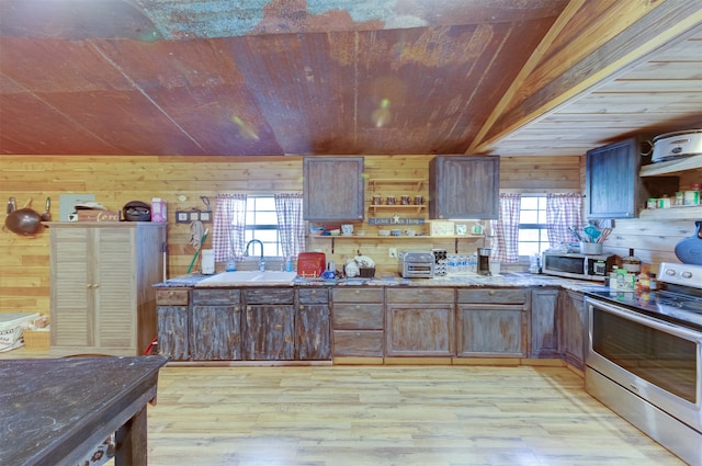 kitchen with a wealth of natural light, wood walls, appliances with stainless steel finishes, and vaulted ceiling