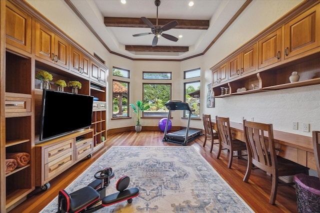 home office featuring ceiling fan, recessed lighting, and wood finished floors
