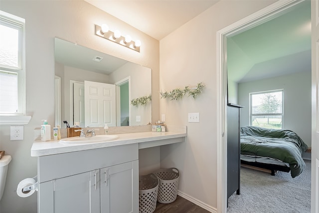 bathroom with wood-type flooring, vanity, and vaulted ceiling