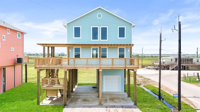 exterior space featuring a garage and a lawn