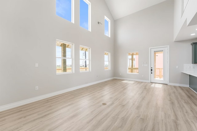 unfurnished living room featuring light hardwood / wood-style flooring and high vaulted ceiling