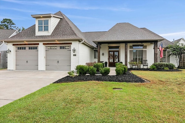 view of front of house with a front yard, a porch, and a garage