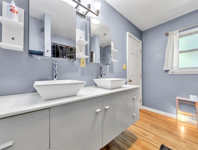 bathroom with vanity and hardwood / wood-style flooring