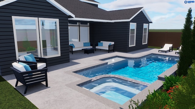 view of pool with an outdoor living space, an in ground hot tub, and a patio area