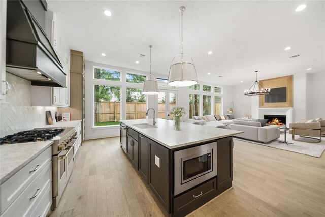 kitchen with white cabinets, light hardwood / wood-style floors, stainless steel appliances, and sink