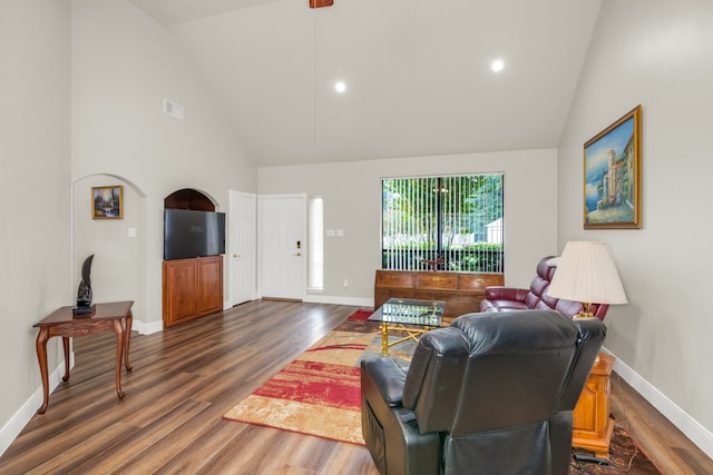 living room with dark hardwood / wood-style floors and high vaulted ceiling