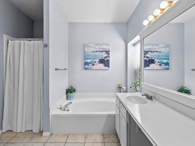 bathroom featuring a garden tub, a shower with shower curtain, tile patterned flooring, and vanity