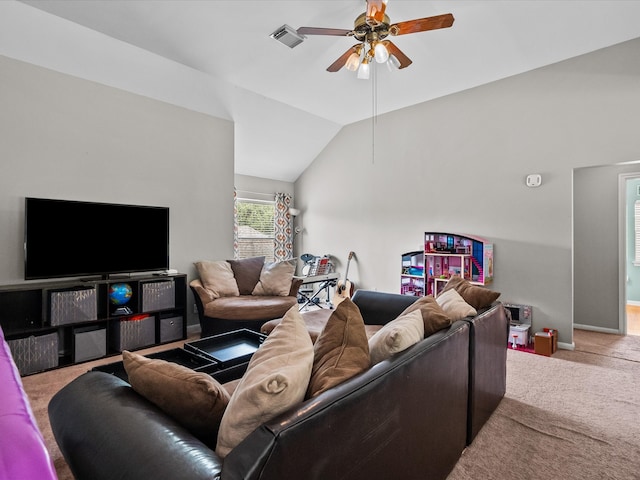 living room featuring baseboards, visible vents, a ceiling fan, lofted ceiling, and carpet floors