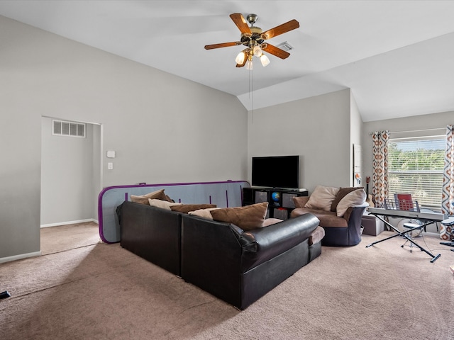 living area with lofted ceiling, ceiling fan, carpet floors, visible vents, and baseboards