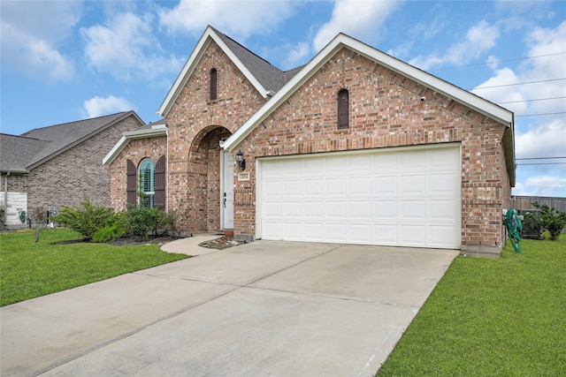 view of front of house featuring a front lawn and a garage