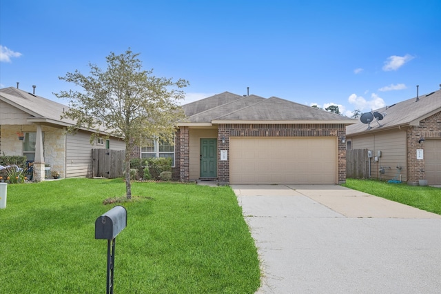 ranch-style home featuring a front yard and a garage