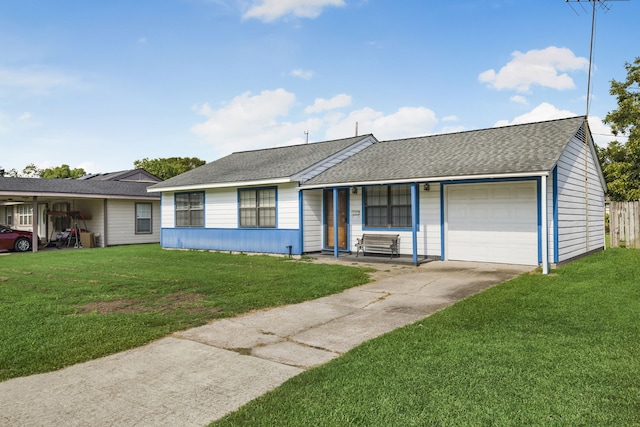 single story home featuring a front yard, a garage, and a porch