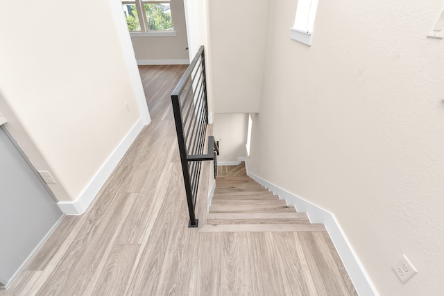 staircase with hardwood / wood-style floors