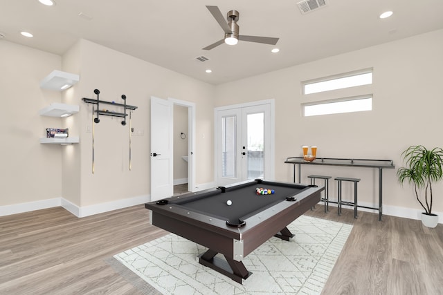 game room with ceiling fan, light hardwood / wood-style flooring, french doors, and pool table