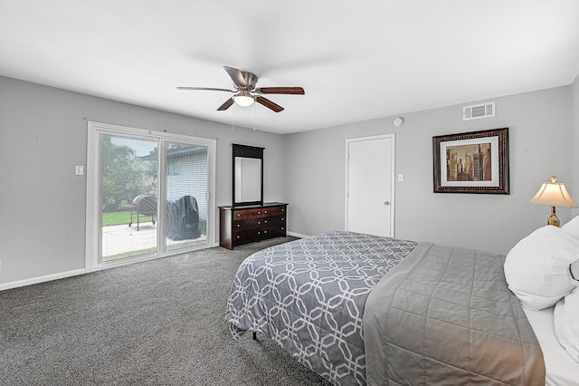 carpeted bedroom featuring ceiling fan and access to outside