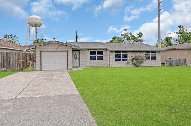 single story home with a front yard and a garage