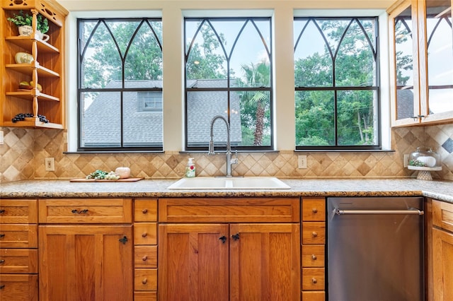 kitchen with backsplash, dishwasher, plenty of natural light, and sink