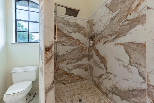 bathroom with a healthy amount of sunlight, a tile shower, and toilet