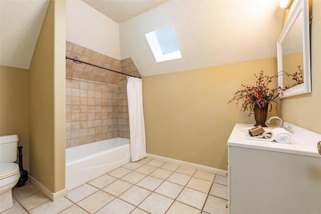 full bathroom with a textured ceiling, lofted ceiling with skylight, tile patterned floors, shower / bath combo with shower curtain, and toilet