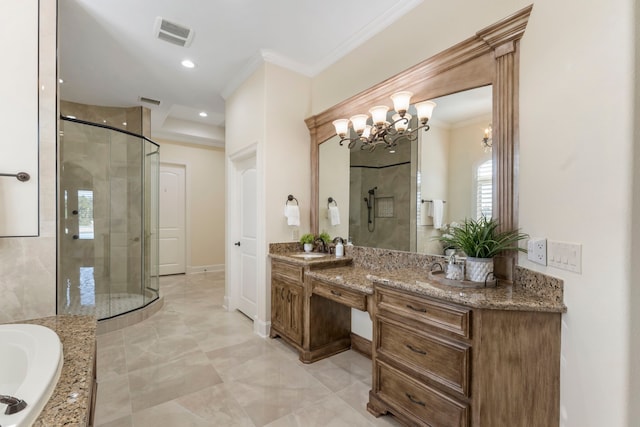 full bathroom featuring a stall shower, visible vents, ornamental molding, vanity, and recessed lighting