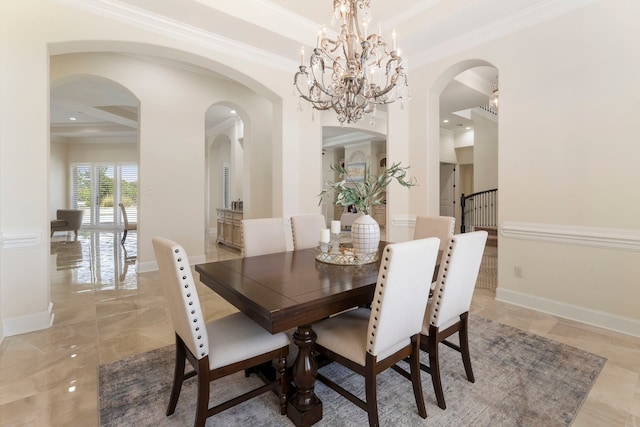 dining space with crown molding and beamed ceiling