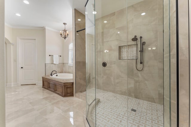 full bathroom with a garden tub, a shower stall, and ornamental molding