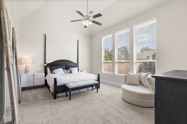 bedroom featuring lofted ceiling, carpet flooring, and ceiling fan