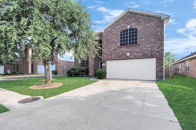 front facade with a garage and a front lawn