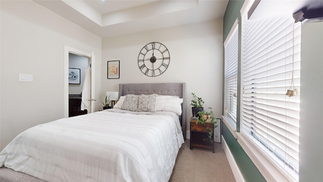 carpeted bedroom featuring a tray ceiling and multiple windows