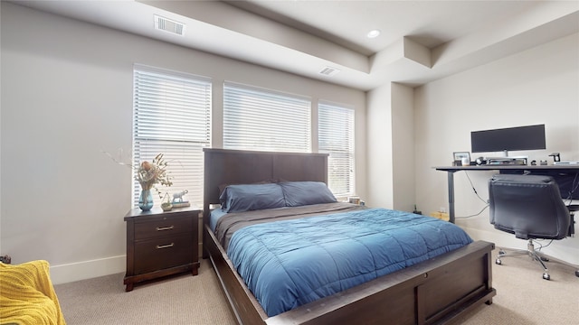 carpeted bedroom featuring a tray ceiling