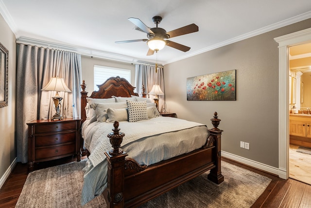 bedroom featuring ceiling fan, ornamental molding, connected bathroom, and dark hardwood / wood-style flooring