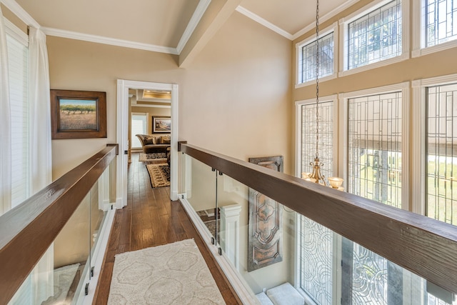 hall with ornamental molding, a wealth of natural light, and dark hardwood / wood-style floors