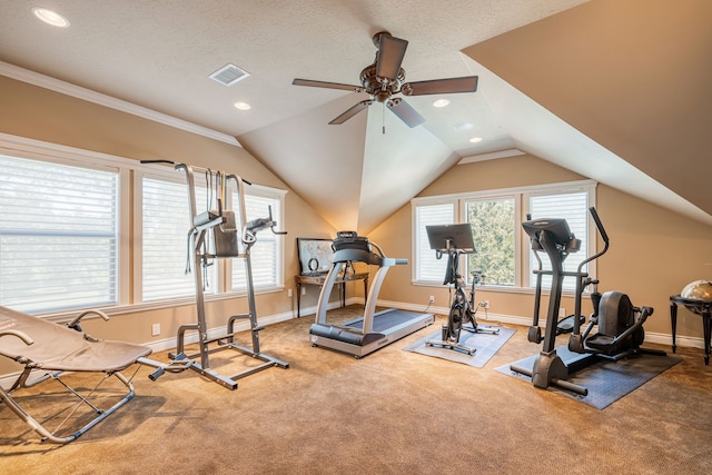 workout room with ceiling fan, vaulted ceiling, a textured ceiling, and carpet flooring