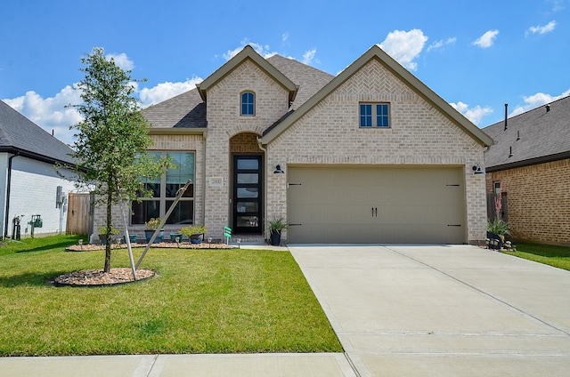 french country inspired facade featuring a front yard and a garage