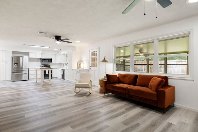 living room with sink, a textured ceiling, and light wood-type flooring