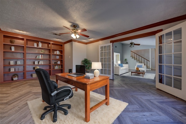 office area with dark parquet flooring, ornamental molding, a textured ceiling, and french doors