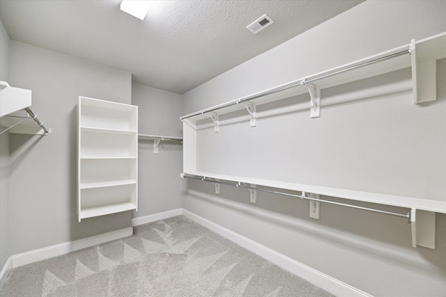 walk in closet with light colored carpet