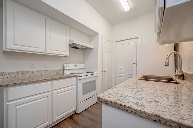 kitchen with light stone counters, white cabinets, white range with electric stovetop, hardwood / wood-style flooring, and sink