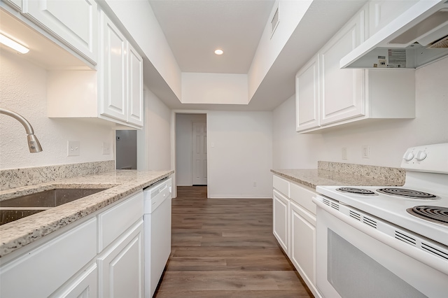 kitchen with white cabinetry, dark wood-type flooring, white appliances, sink, and extractor fan