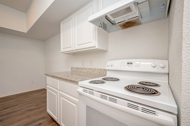 kitchen with white cabinets, white range with electric cooktop, exhaust hood, and dark hardwood / wood-style flooring