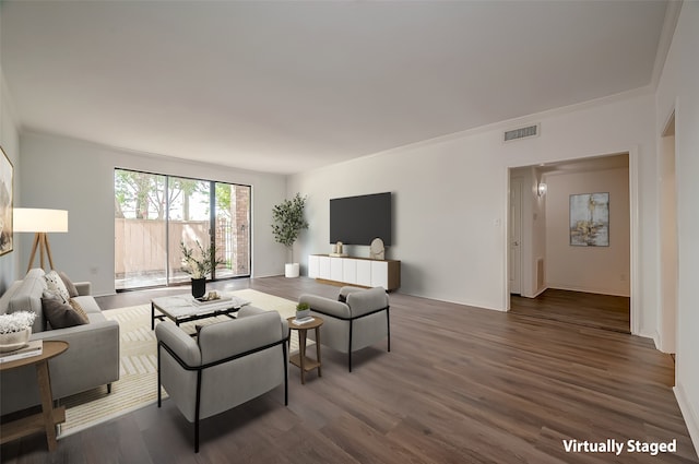 living room featuring crown molding and dark wood-type flooring