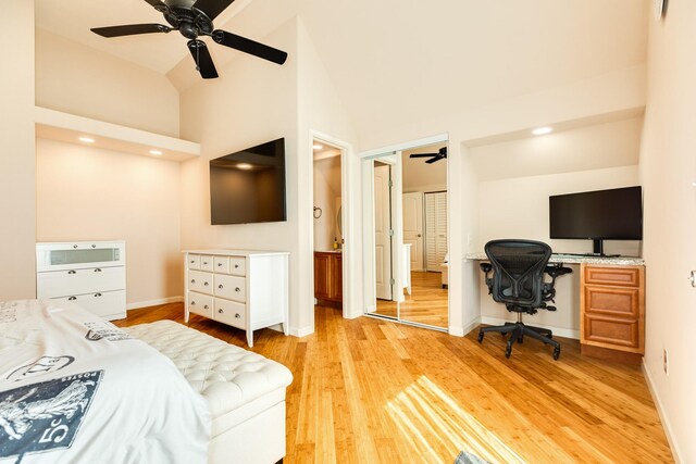 bedroom with high vaulted ceiling, light wood-type flooring, and ceiling fan