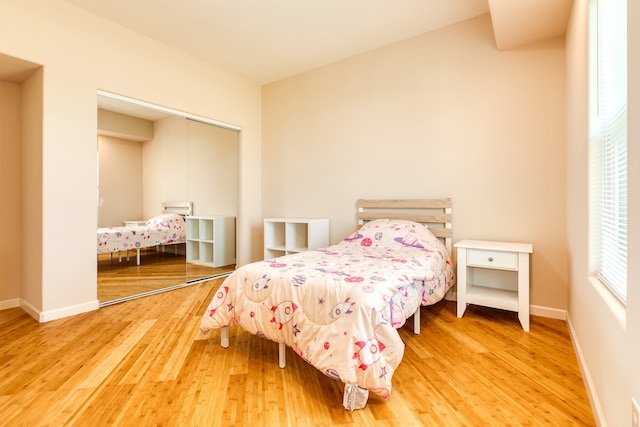 bedroom with wood-type flooring and a closet