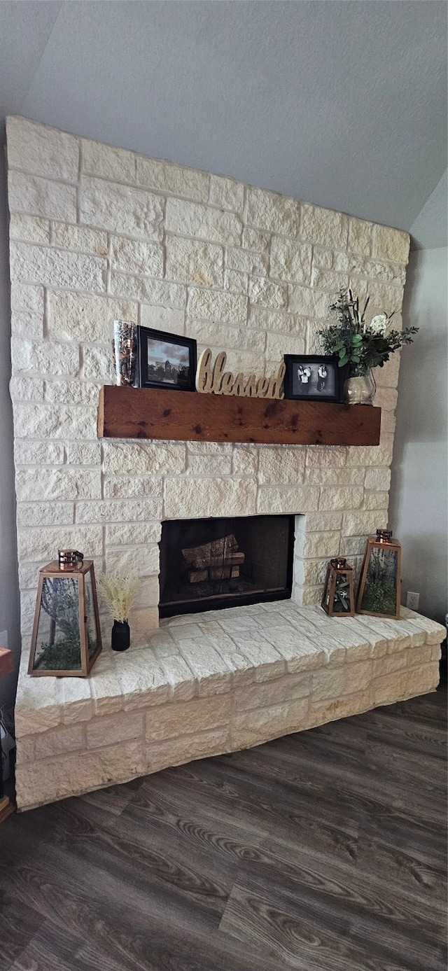 details featuring wood-type flooring and a stone fireplace