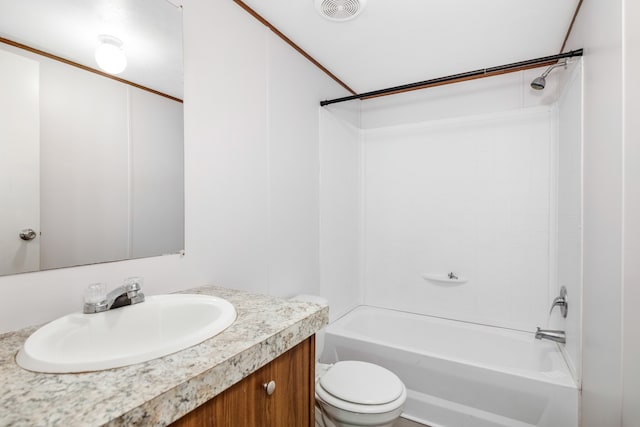 full bathroom with shower / washtub combination, vanity, and toilet