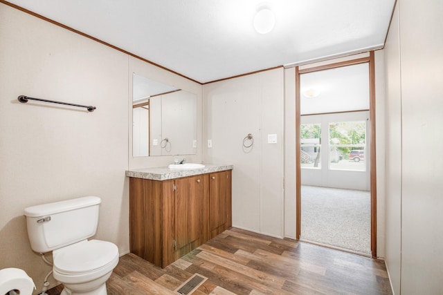 bathroom with hardwood / wood-style flooring, vanity, and toilet