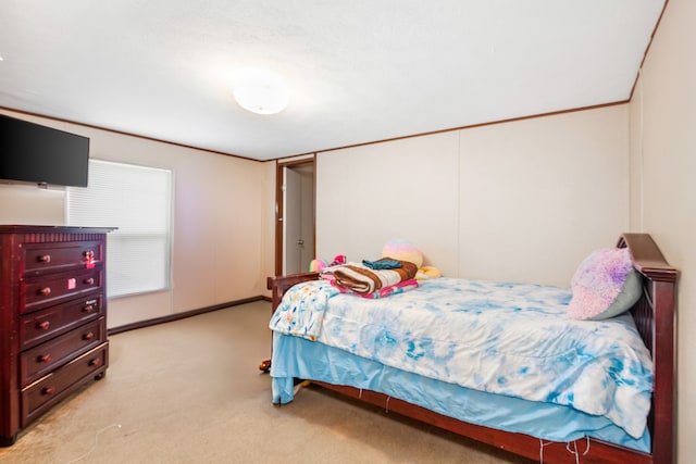 bedroom with light carpet