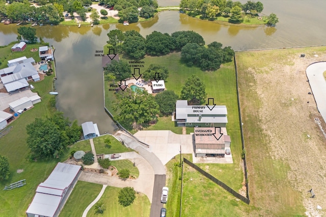 birds eye view of property featuring a water view